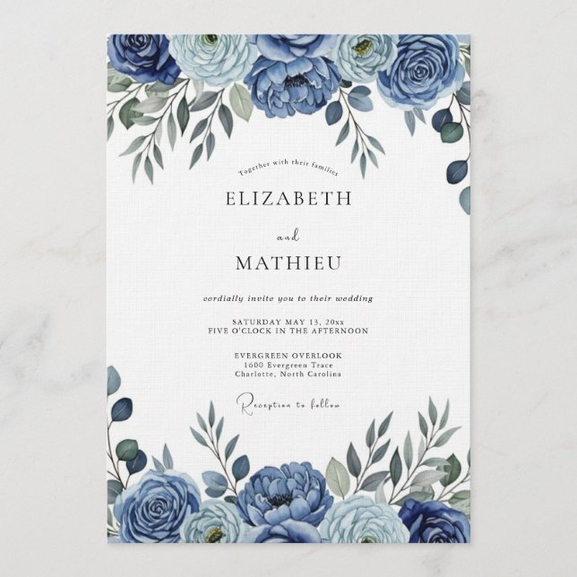 Invitation Mariage Floral Bleu Pictural (Devant)
