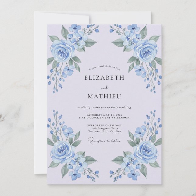 Invitation Mariage Floral Bleu Poudre (Devant)