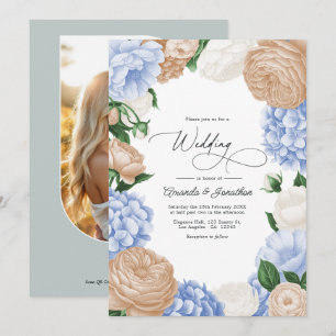 Invitation Mariage floral bleu poudre, beige sable et blanc