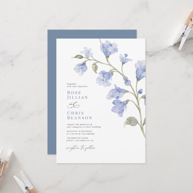 Invitation Mariage Floral Bleu Poudre Moderne (Devant/Arrière en situation)