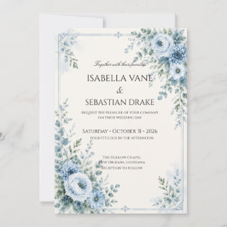 Invitation Mariage Floral Bleu Poussiéreux