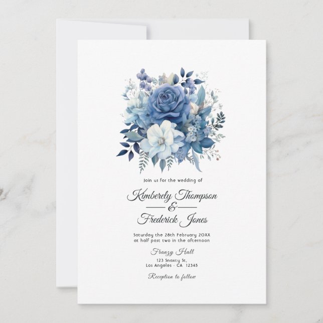 Invitation Mariage Floral Bleu Poussiéreux (Devant)