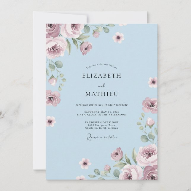 Invitation Mariage Floral Bleu Poussiéreux (Devant)