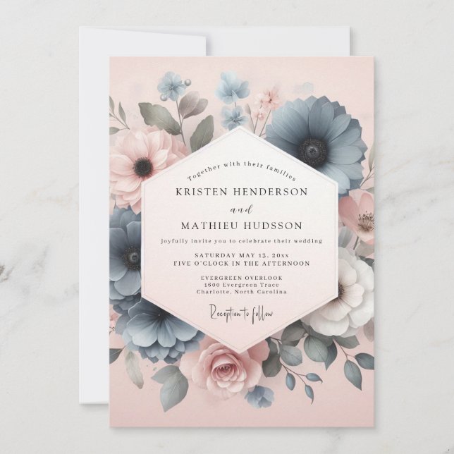 Invitation Mariage Floral Bleu Poussiéreux (Devant)