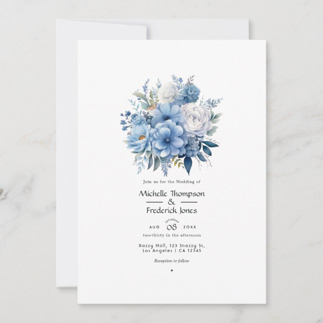 Invitation Mariage Floral Bleu Poussiéreux (Devant)