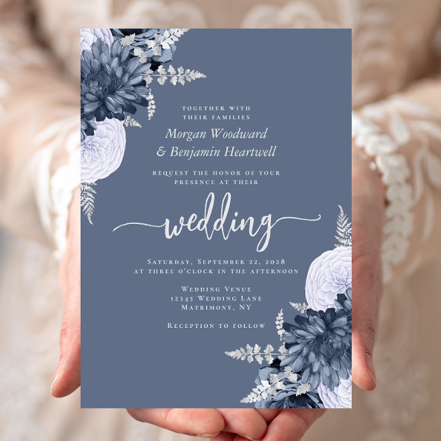 Invitation Mariage Floral Bleu Poussiéreux Argent (Créateur téléchargé)