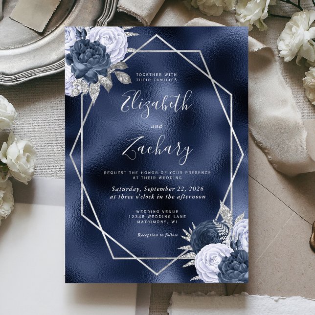 Invitation Mariage Floral Bleu Poussiéreux Argent Navy Feuill (Créateur téléchargé)
