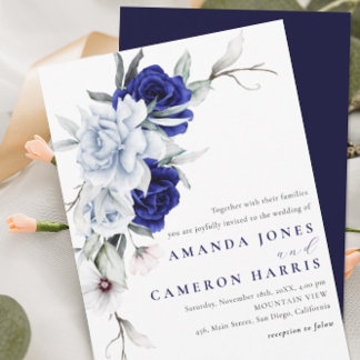 Invitation Mariage Floral Bleu Poussiéreux Élégant