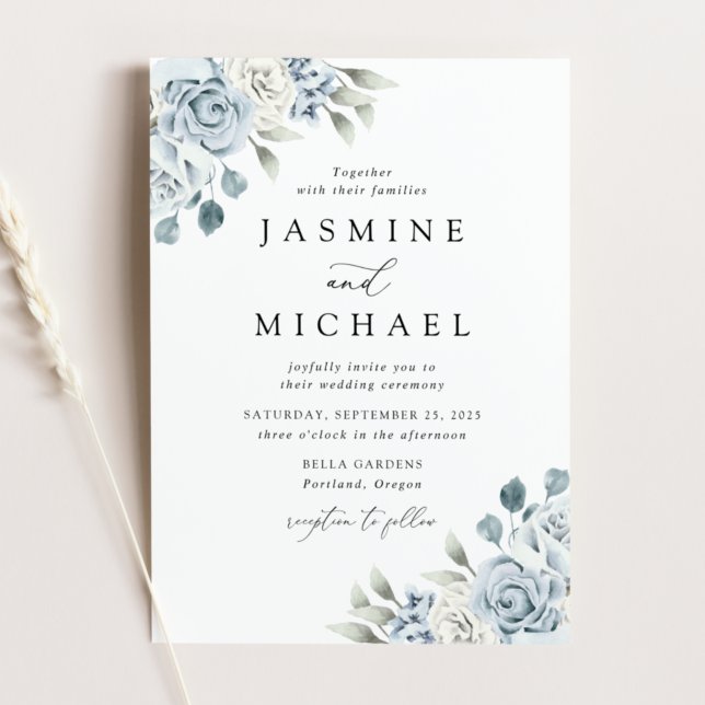 Invitation Mariage Floral Bleu Poussiéreux Élégant (Créateur téléchargé)