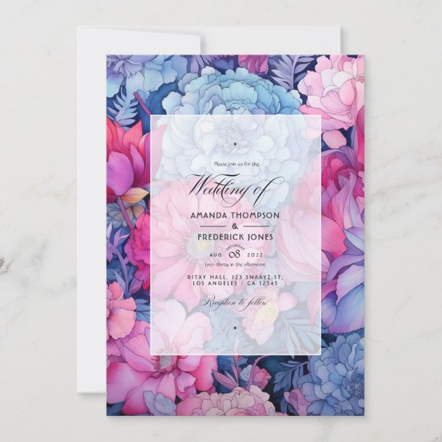 Invitation Mariage floral bleu poussiéreux et fuchsia (Devant)