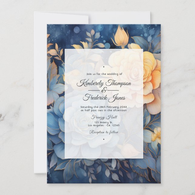 Invitation Mariage floral bleu poussiéreux et or (Devant)