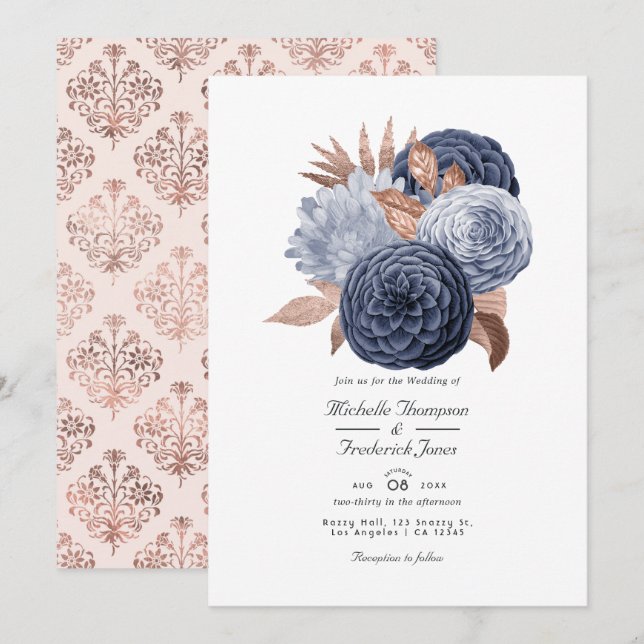 Invitation Mariage floral bleu poussiéreux et or rose (Devant / Derrière)