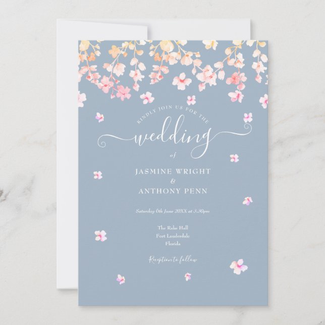 Invitation Mariage Floral Bleu Poussiéreux Fleur (Devant)