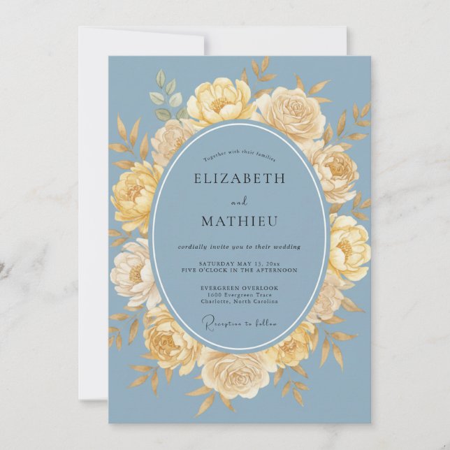 Invitation Mariage Floral Bleu Poussiéreux Jaune (Devant)