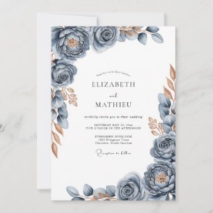 Invitation Mariage Floral Bleu Poussiéreux Lustré