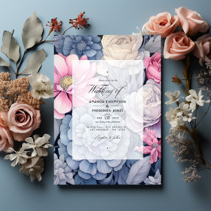 Invitation Mariage floral bleu poussiéreux, rose blush et arg