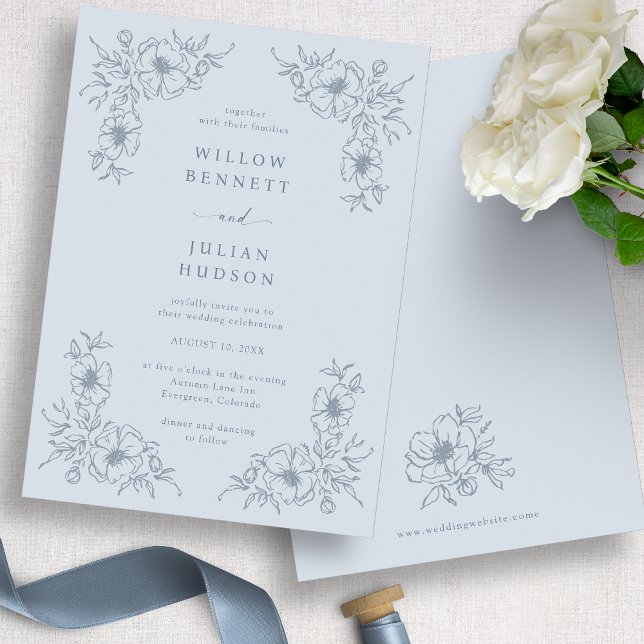 Invitation Mariage Floral Bleu Poussiéreux Vintage (Vintage Dusty Blue Floral Wedding Invitation
)