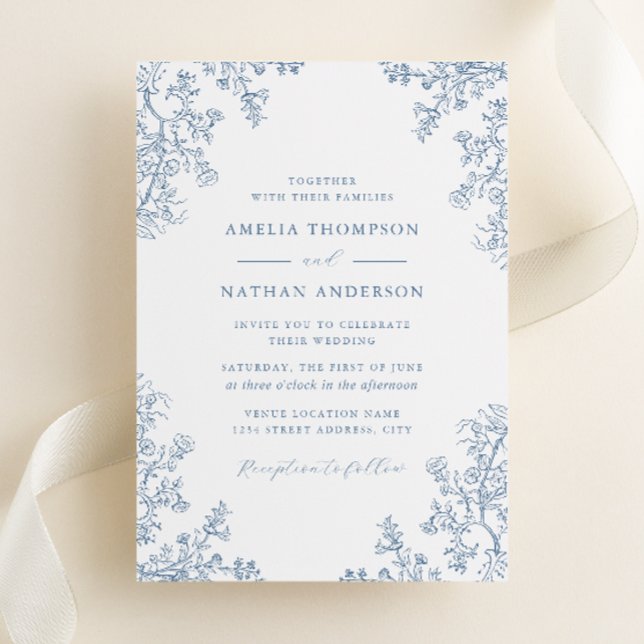 Invitation Mariage Floral Bleu Poussiéreux Vintage (Créateur téléchargé)