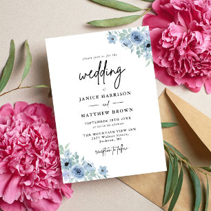 Invitation Mariage Floral Bleu Poussiéreux Vintage