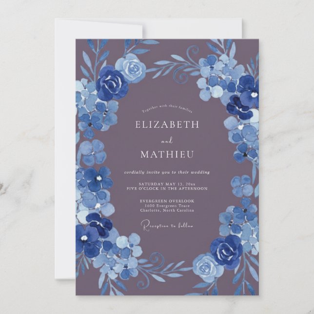 Invitation Mariage Floral Bleu Profond Peintre (Devant)
