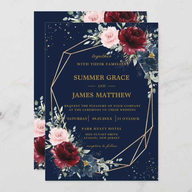 Invitation Mariage floral bleu profond rouge bordeaux bleu ma (Devant / Derrière)