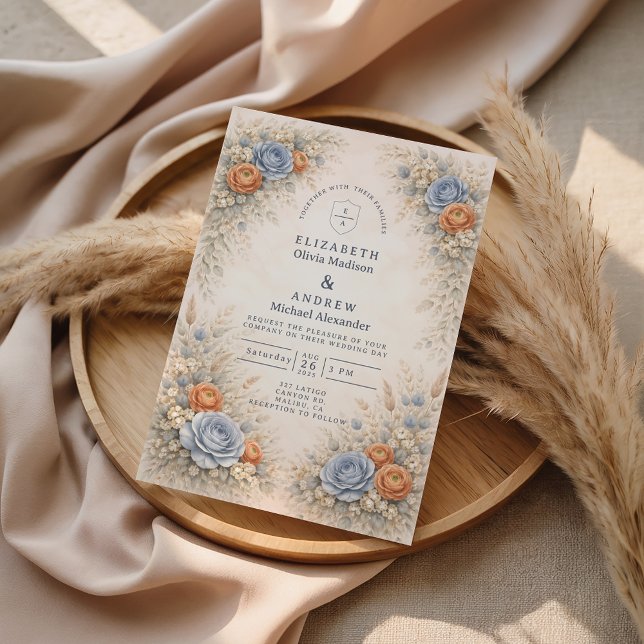 Invitation Mariage Floral Bleu Romantique (Créateur téléchargé)