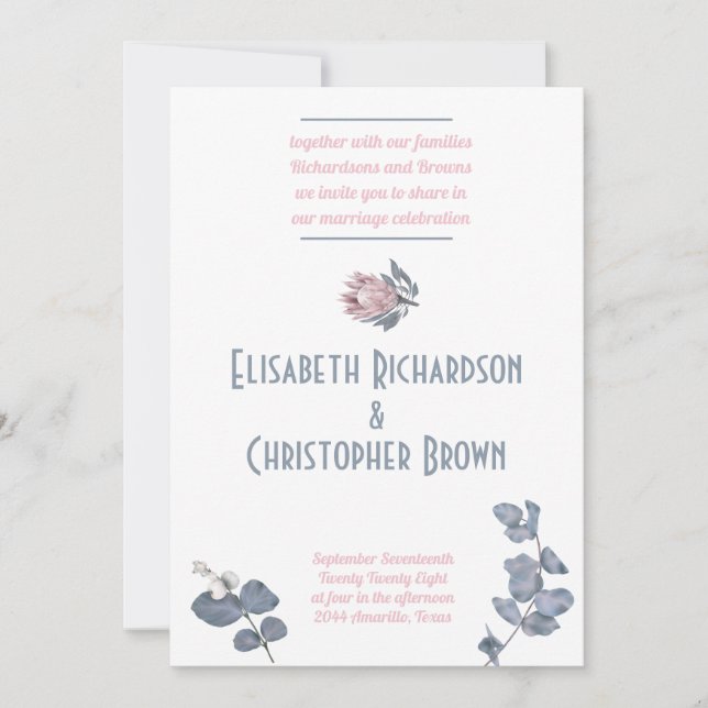 Invitation Mariage floral bleu-rose (Devant)