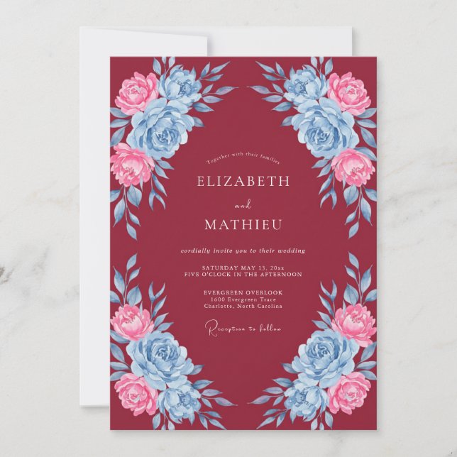 Invitation Mariage Floral Bleu Rose (Devant)