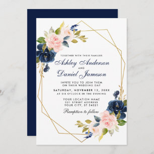Invitation Mariage floral bleu rose géométrique