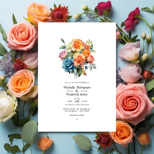 Invitation Mariage floral bleu, rose, orange et vert (Créateur téléchargé)