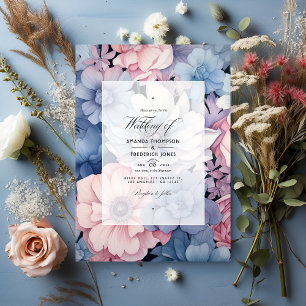 Invitation Mariage floral bleu, rose pâle et argenté