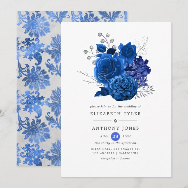 Invitation Mariage floral bleu royal et argent (Devant / Derrière)