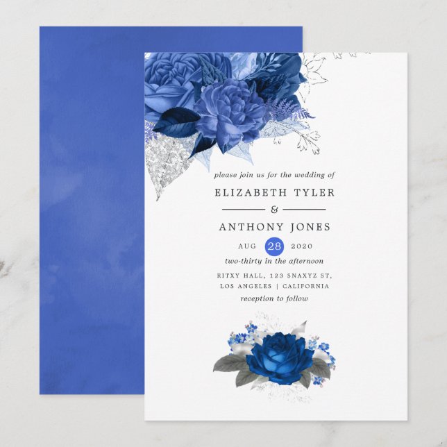Invitation Mariage floral bleu royal et argent (Devant / Derrière)