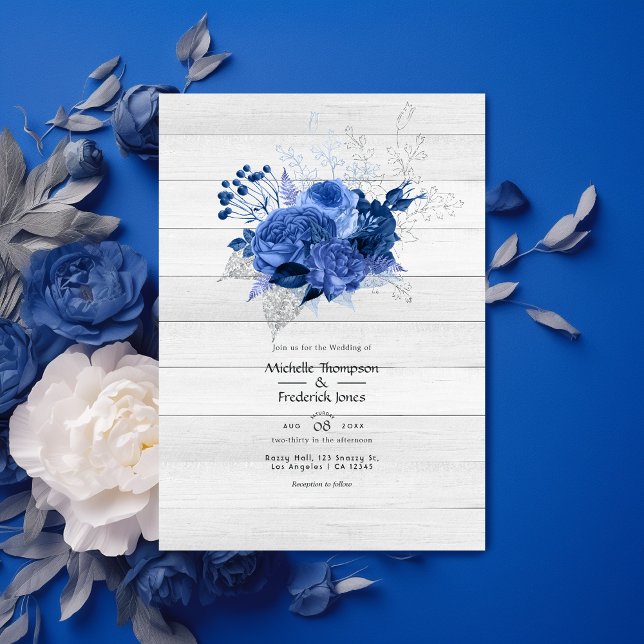 Invitation Mariage floral bleu royal et argent rustique (Créateur téléchargé)
