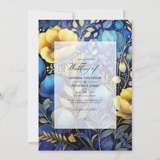 Invitation Mariage floral bleu royal et or (Devant)