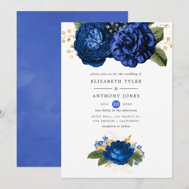 Invitation Mariage floral bleu royal et or (Devant / Derrière)