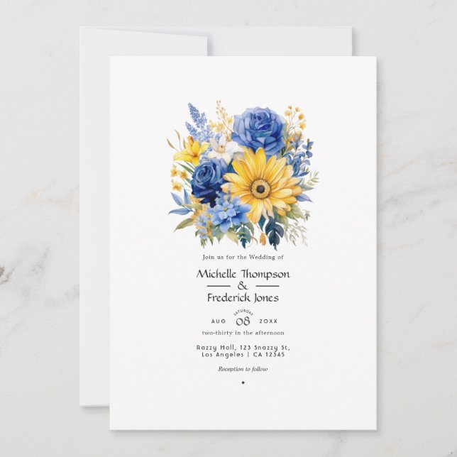 Invitation Mariage floral bleu royal et or (Devant)
