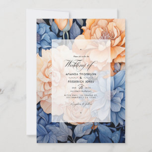 Invitation Mariage floral bleu royal et pêche et gris