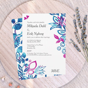 Invitation Mariage floral bleu royal et rose