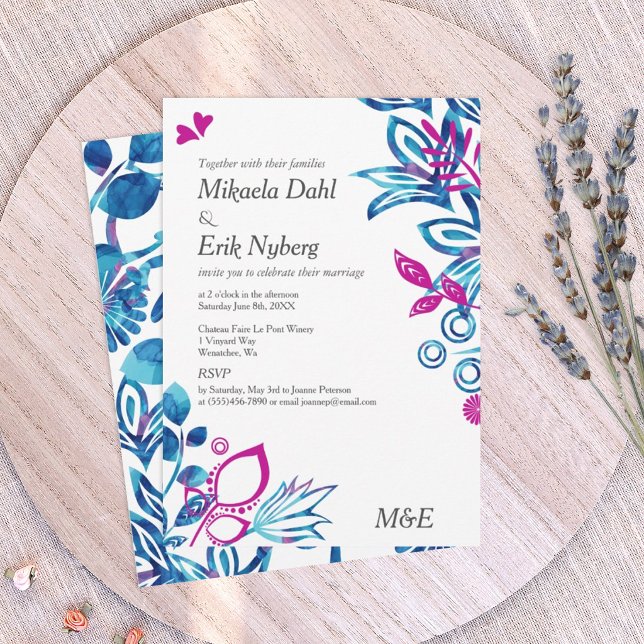Invitation Mariage floral bleu royal et rose (royal blue and magenta pink wedding invitations, blue and pink floral design)