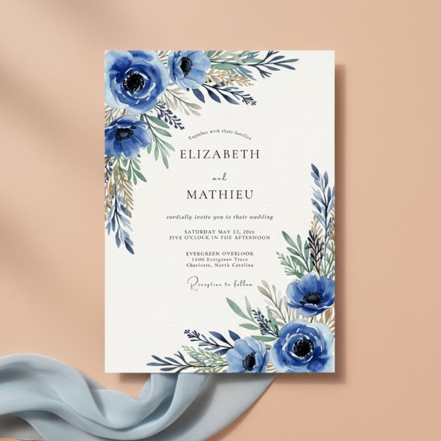 Invitation Mariage Floral Bleu Royal Pictural (Créateur téléchargé)