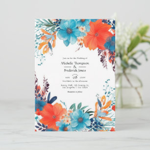 Invitation Mariage floral bleu royal, turquoise et corail