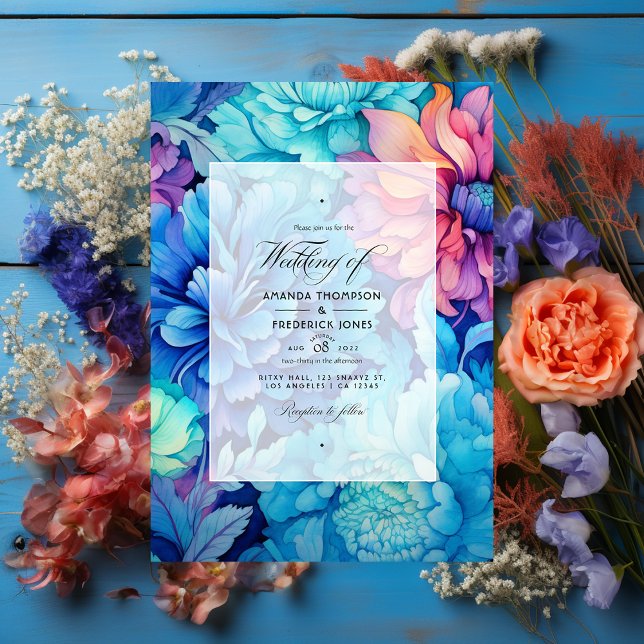 Invitation Mariage floral bleu royal, turquoise et corail (Créateur téléchargé)