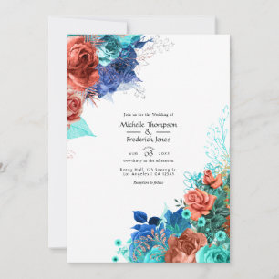 Invitation Mariage floral bleu royal, turquoise et corail