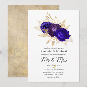 Invitation Mariage floral bleu royal, violet et or