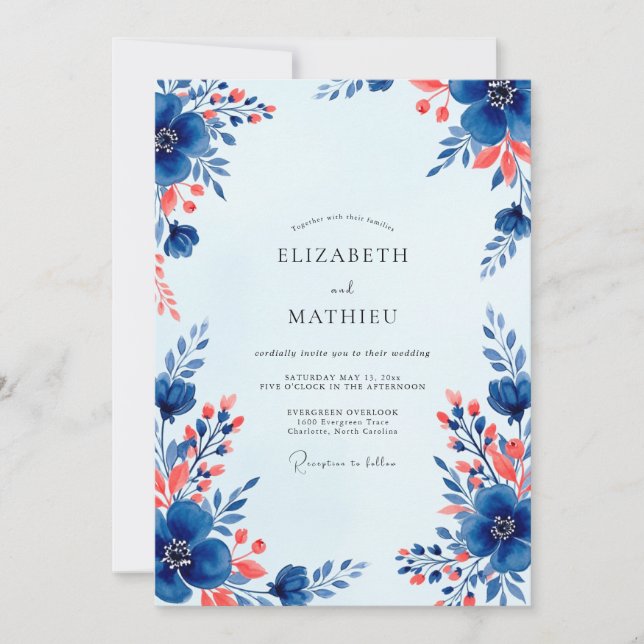 Invitation Mariage Floral Bleu Royal Vivace (Devant)