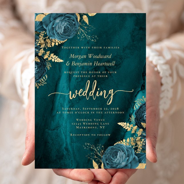 Invitation Mariage Floral Bleu Sarcelle Or Élégant (Créateur téléchargé)