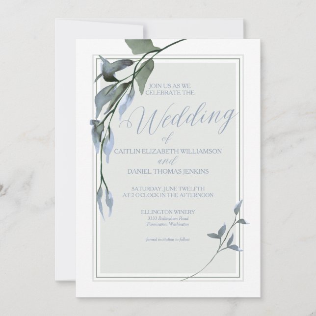 Invitation Mariage floral bleu simple (Devant)