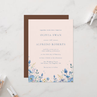 Invitation Mariage Floral Bleu Terracotta Moderne
