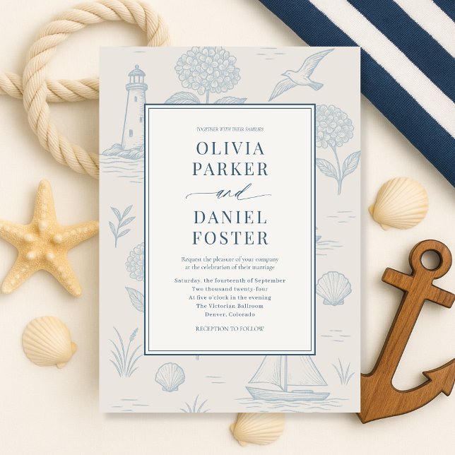 Invitation Mariage Floral Bleu Toile de Jouy Côtière (Créateur téléchargé)